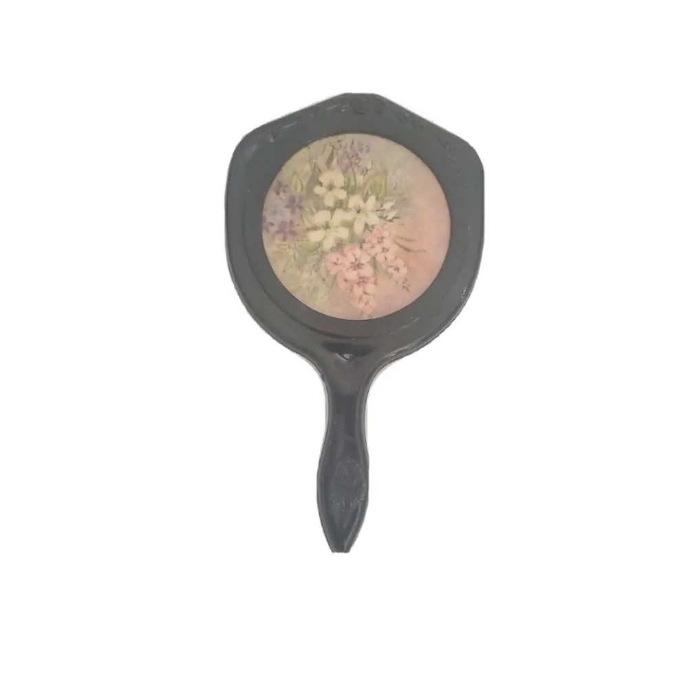 Vintage Black Floral Flowers Miniature Mini Vanity Hand Mirror 4 Inches